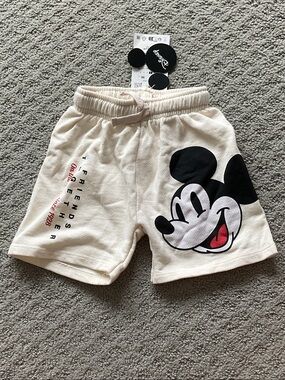 Zara Cream Kids Shorts with Black and Red Mickey Graphic 0536